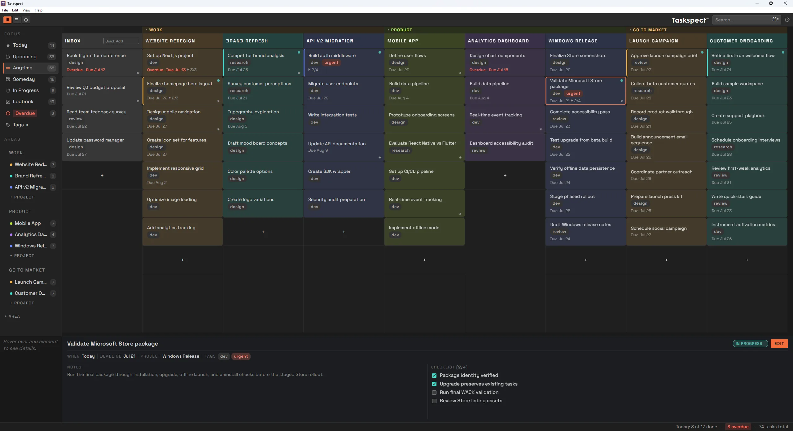 Taskspect for Windows showing projects and tasks across a widescreen workspace